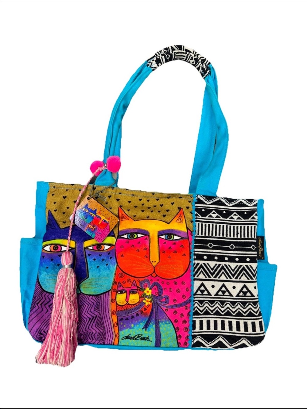 Laurel Burch Women’s Blue Multicolor Cat Print Zip Tote, Tassel, Charm, Pockets